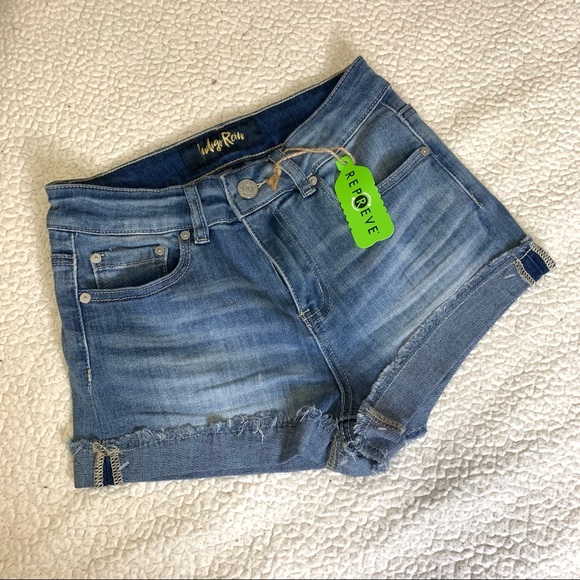Brand New Indigo Rein Recycled Denim High-rise cuffed Medium Washed Short shorts - Picture 1 of 3